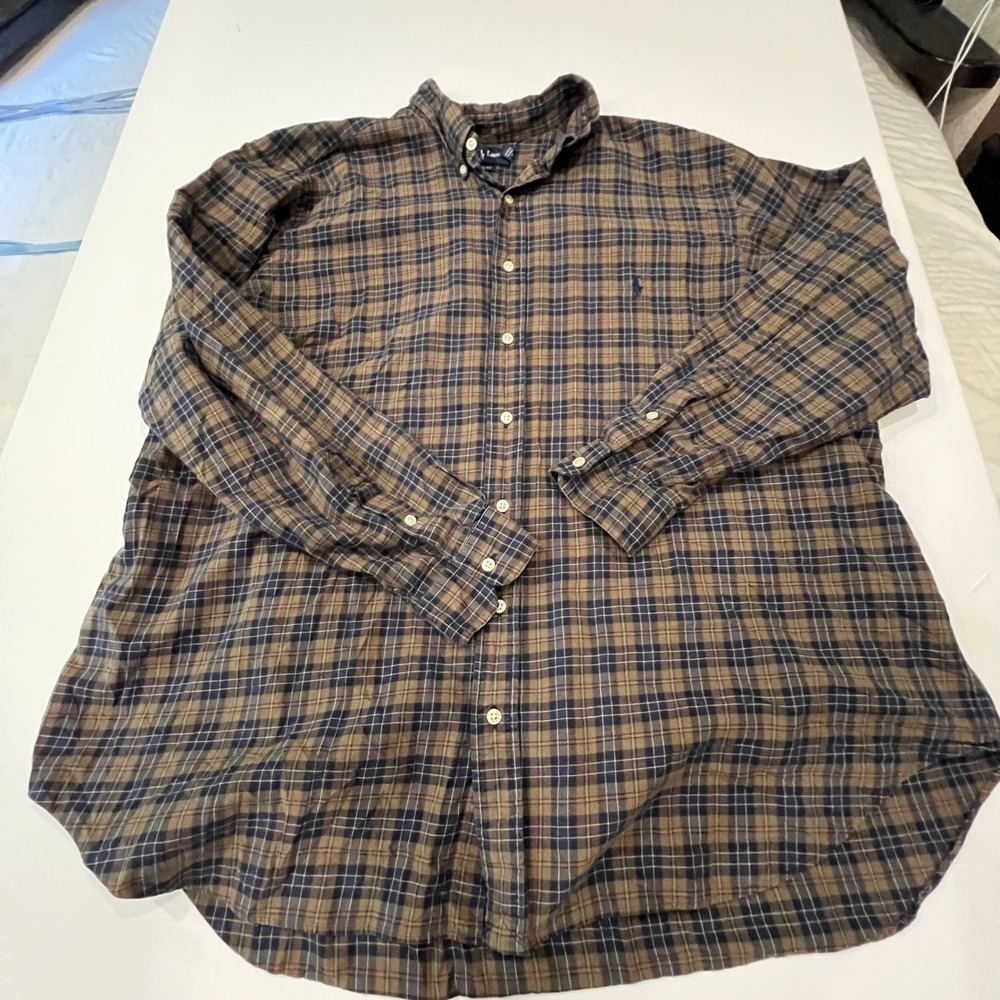Ralph Lauren Classic Fit Plaid Button Down Shirt Mens 2XB Big Brown Navy Blue